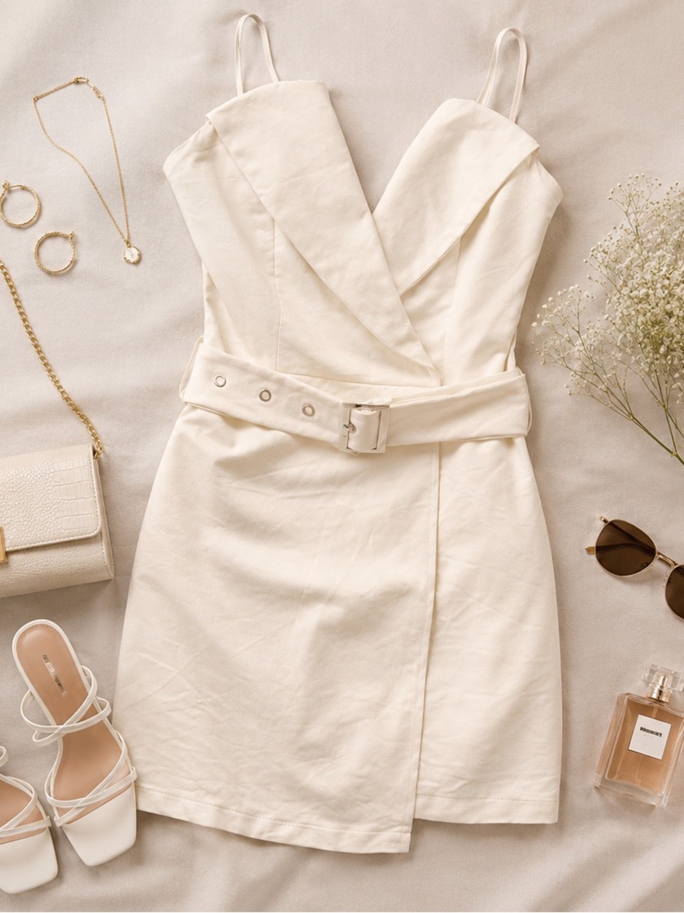 REVOLVE Ivory Belted Mini Dress